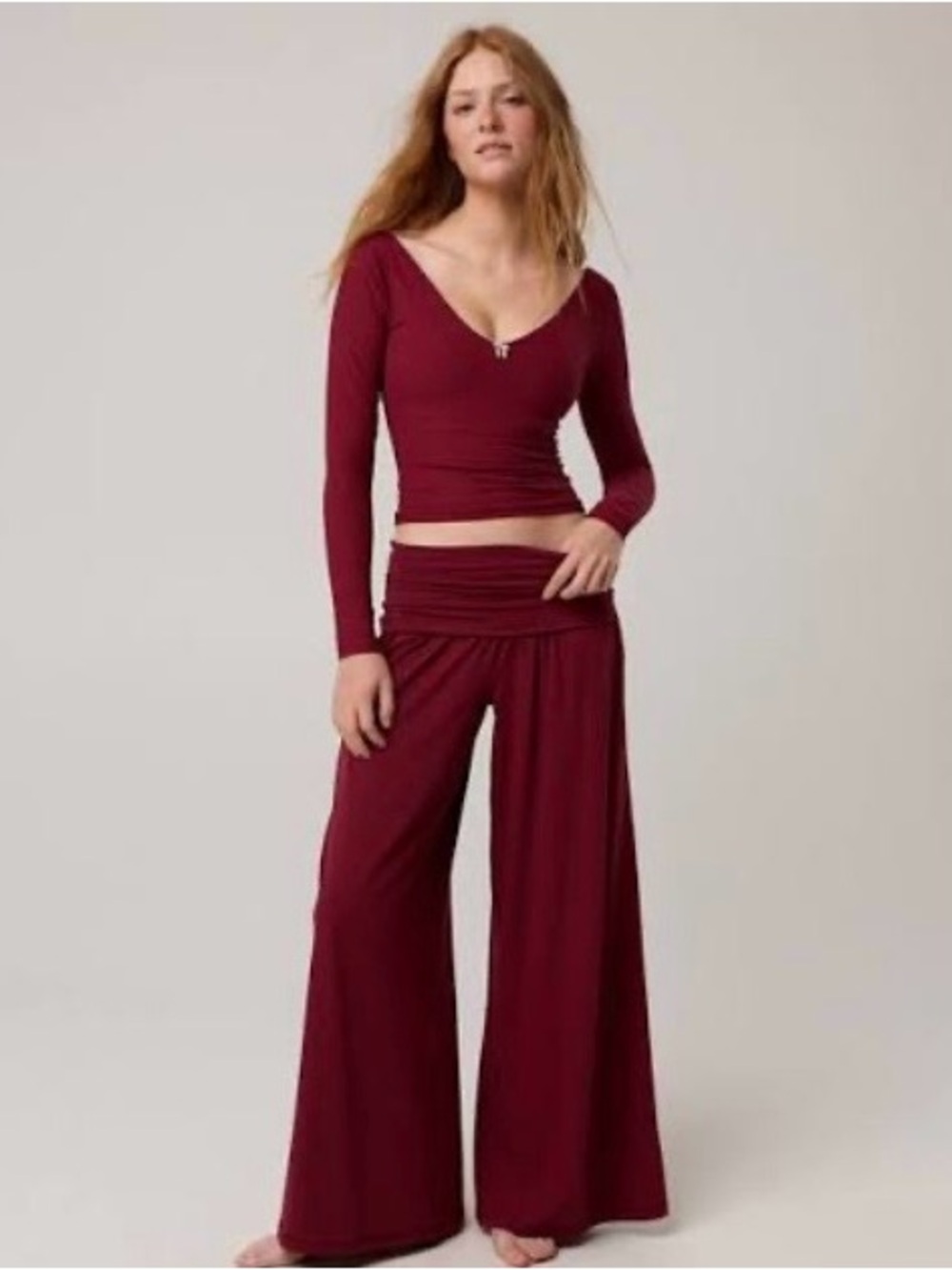 Wide-leg foldover aerie pants in discontinued color deep cherry